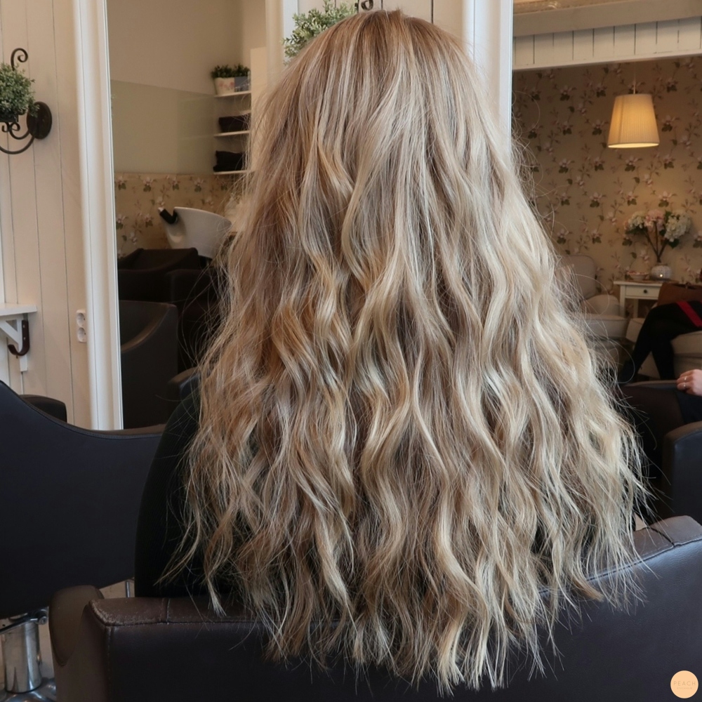 Beige blond hårfärg med slingor och beach lockar