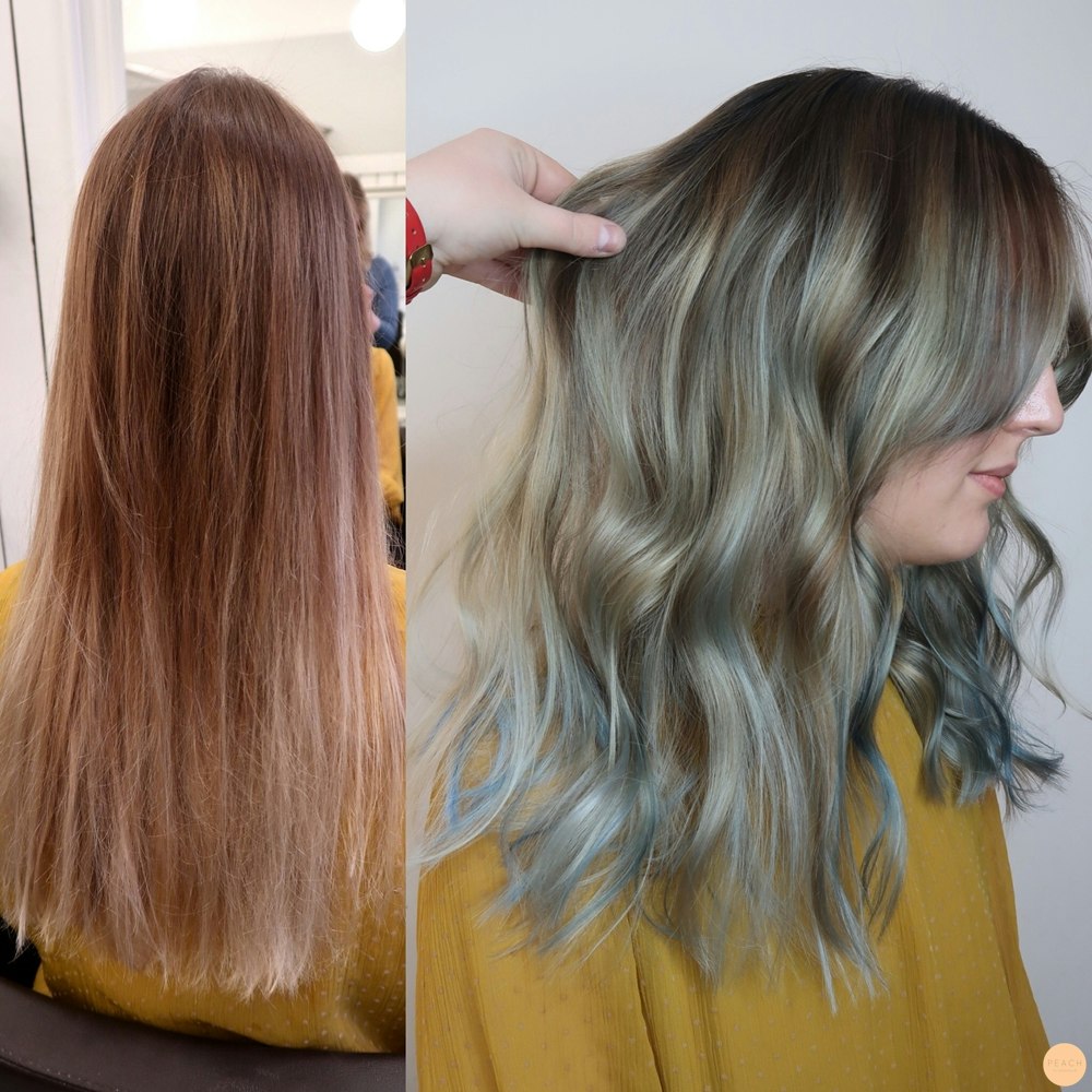 Snygg hårfärg 2018 med en grå ombre med aqua slingor och blå toning (Wella Create)