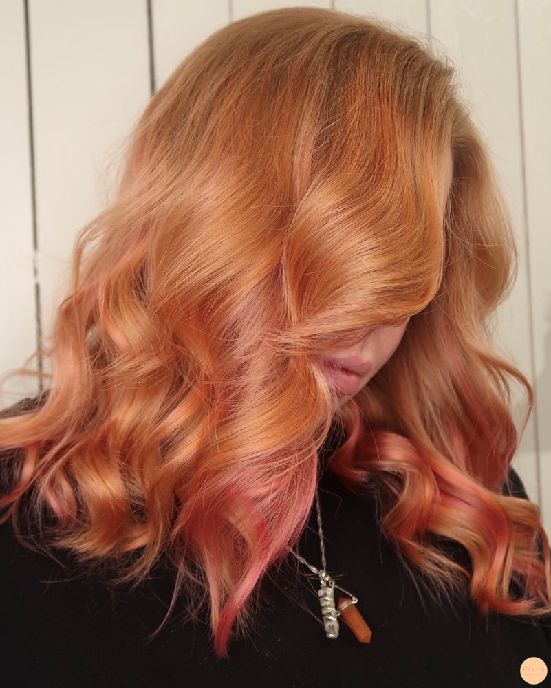 Kopparblond hårfärg med pastell hår i rosa, rosé och Evo Fab PRO