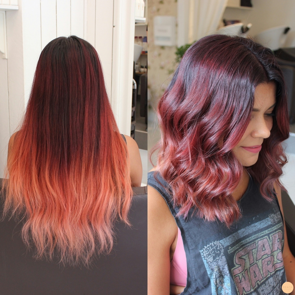 Lob klippning med röd/lila ombrefärgning